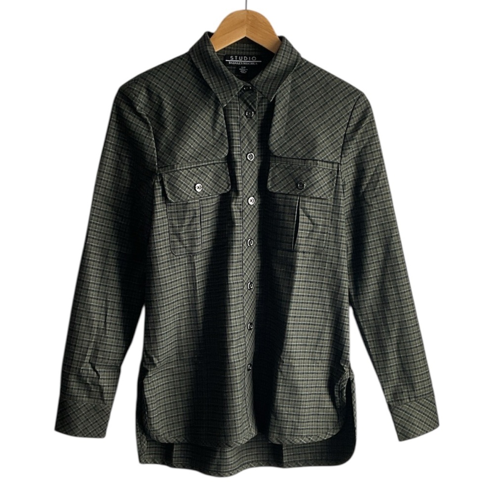 Badgley Mischka Plaid Button-Up Shirt, size S